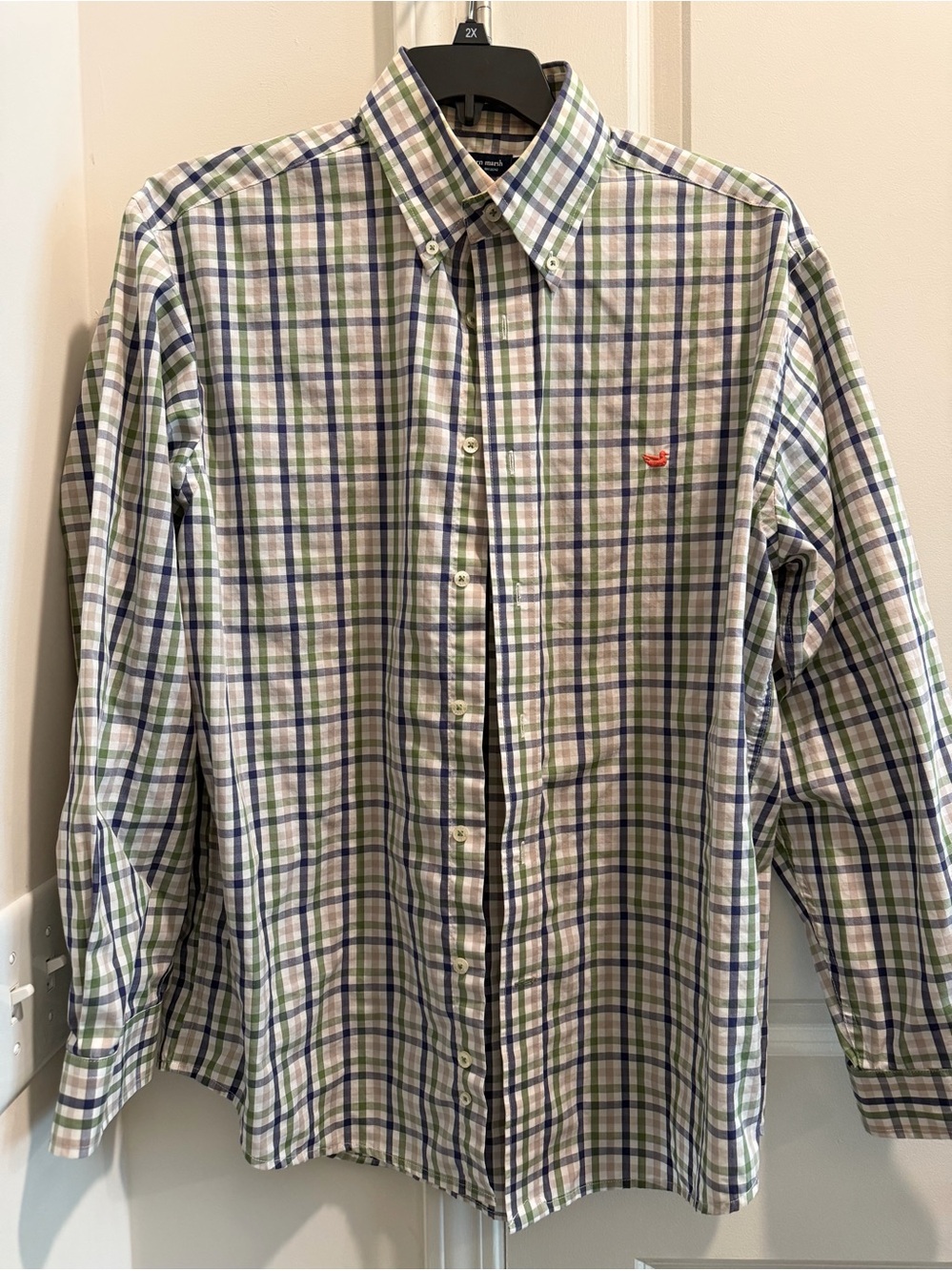 Large Southern Marsh Men's Button-Down Plaid Shirt in Beige, Blue & Green